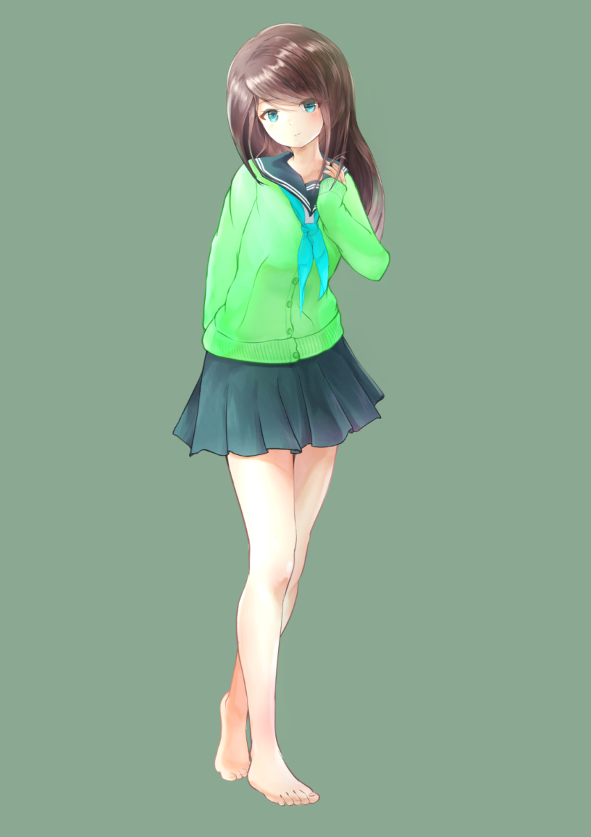 1girl, barefoot, black_skirt, blue_eyes, brown_hair, full_body, grey_background, highres, long_hair, looking_at_viewer, lyandi, original, school_uniform, serafuku, skirt, standing