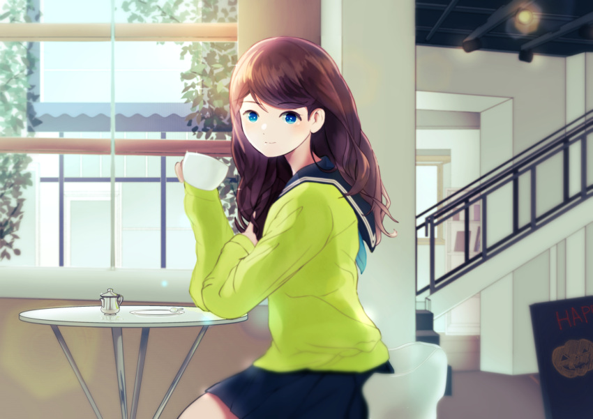 1girl, black_skirt, blue_eyes, brown_hair, chair, cup, drink, highres