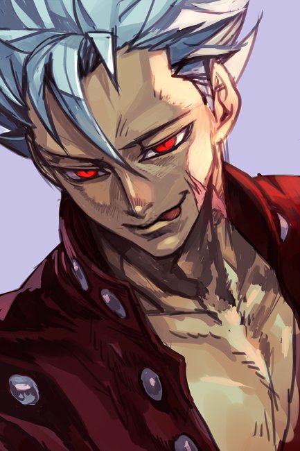 1boy, ban_(nanatsu_no_taizai), blue_background, blue_hair, glowing, glowing_eyes, hair_between_eyes, hair_slicked_back