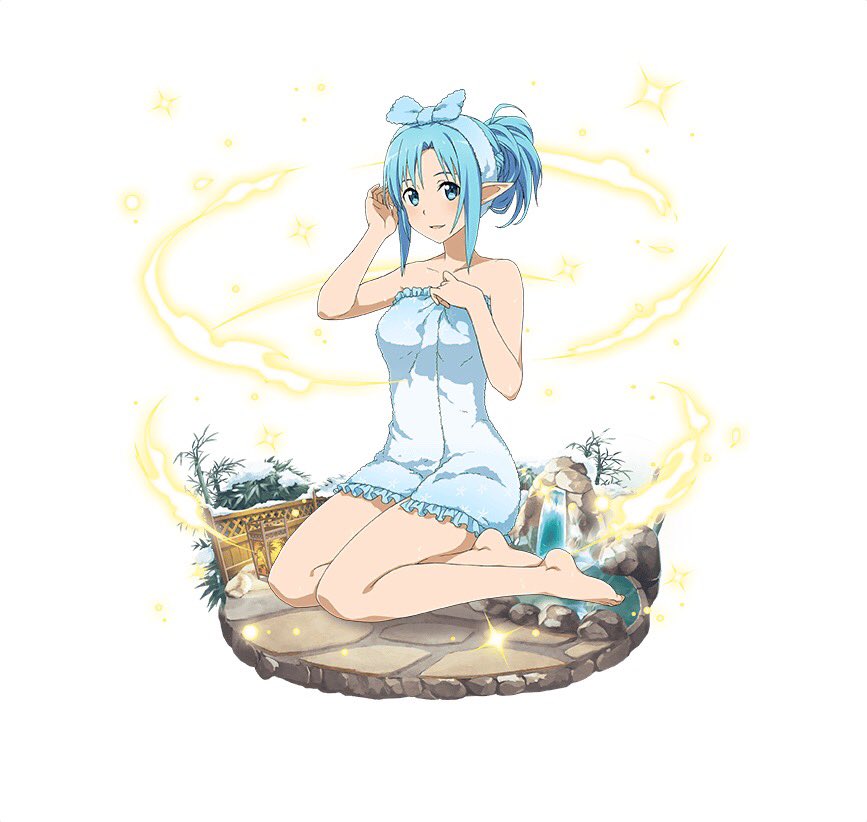 1girl, asuna_(sao-alo), barefoot, blue_eyes, blue_hair, blue_towel, frilled_towel, frills