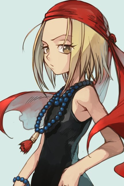 1girl, bandanna, bare_arms, bare_shoulders, black_shirt, blonde_hair, blue_background, brown_eyes