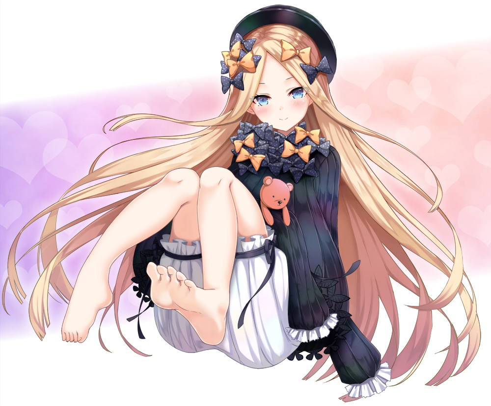 1girl, abigail_williams_(fate/grand_order), bangs, barefoot, black_bow, black_dress, black_hat, blonde_hair