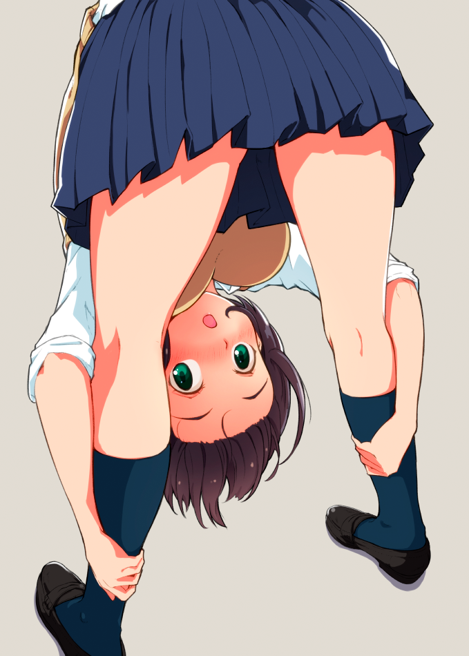 1girl, bangs, bent_over, black_footwear, blue_legwear, blue_skirt, blush, breasts