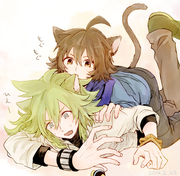 2boys, ahoge, animal_ears, baseball_cap, biting, blue_eyes, brown_eyes, brown_hair, cat_ears, cat_tail, catboy, ear_biting, hat, kuru, long_hair, male_focus, multiple_boys, n_(pokemon), on_person, open_mouth, pokemon, pokemon_(game), pokemon_bw, sweat, tail, touya_(pokemon), yaoi