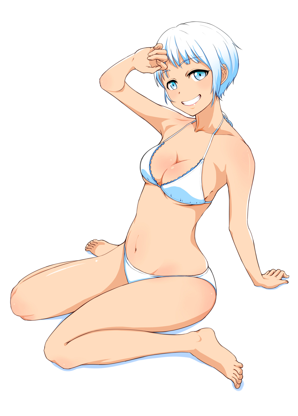 1girl, :d, arm_support, bare_arms, bare_legs, bare_shoulders, barefoot, bikini