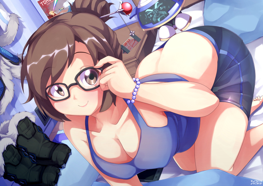 1girl, adjusting_eyewear, all_fours, bare_arms, bare_legs, bare_shoulders, barefoot, black-framed_eyewear
