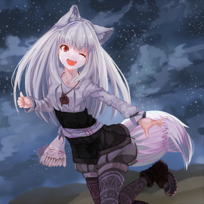 1girl, animal_ears, black_legwear, black_shirt, highres, leg_up, long_hair, myuri_(spice_and_wolf)