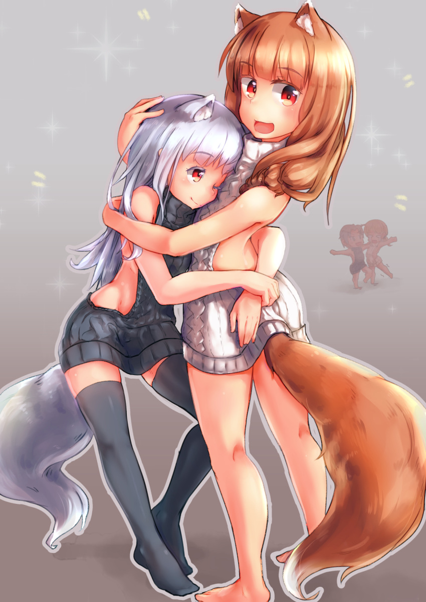4girls, animal_ears, backless_outfit, bare_back, barefoot, black_legwear, black_row, black_sweater