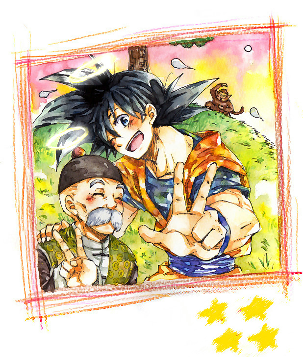 2boys, ;d, ake_(ake54), animal, black_eyes, black_hair, bubbles_(dragon_ball), chinese_clothes, closed_eyes, dougi, dragon_ball, facial_hair, grandfather_and_grandson, grandpa_gohan, grass, halo, hand_on_another's_shoulder, happy, hat, looking_at_viewer, male_focus, monkey, multiple_boys, mustache, one_eye_closed, open_mouth, smile, son_gokuu, spiky_hair, star, tree, v