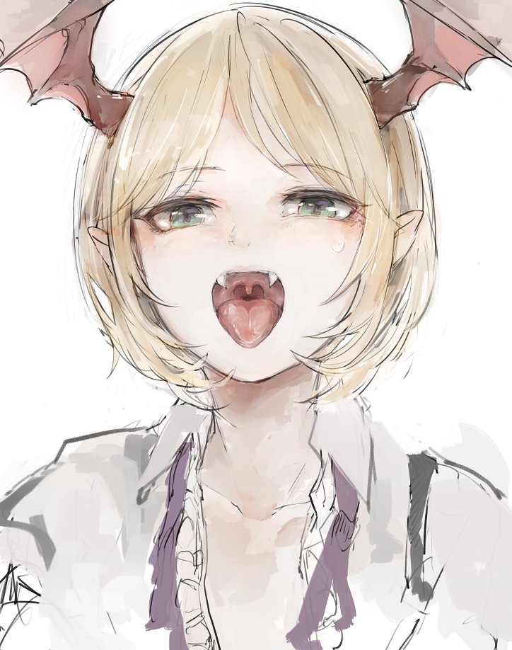 1boy, bat_wings, blonde_hair, blush, character_request, collared_shirt, eyebrows_visible_through_hair, fangs