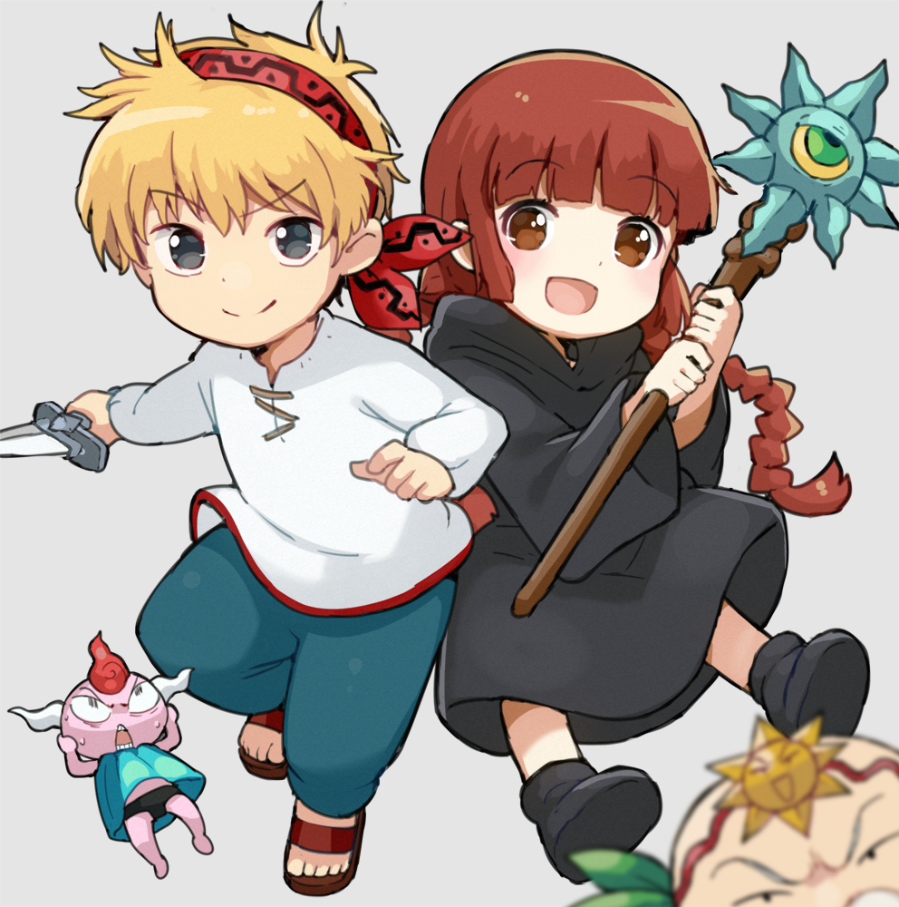 1girl, 2boys, :d, bandanna, bangs, black_footwear, black_robe, blonde_hair