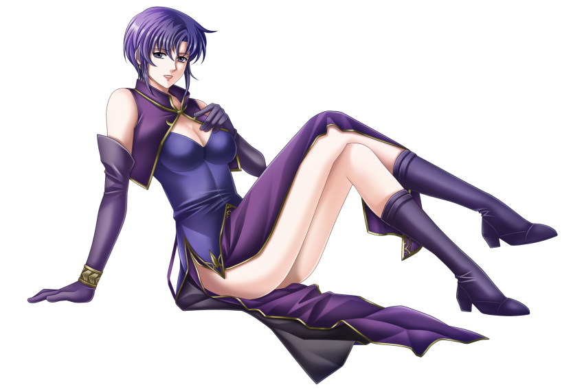 1girl, bare_shoulders, blue_eyes, boots, bracer, breasts, cleavage, dress