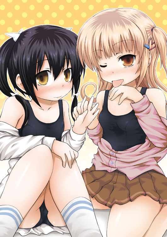 2girls, bangs, bare_shoulders, black_hair, black_school_swimsuit, blush, brown_eyes, brown_skirt
