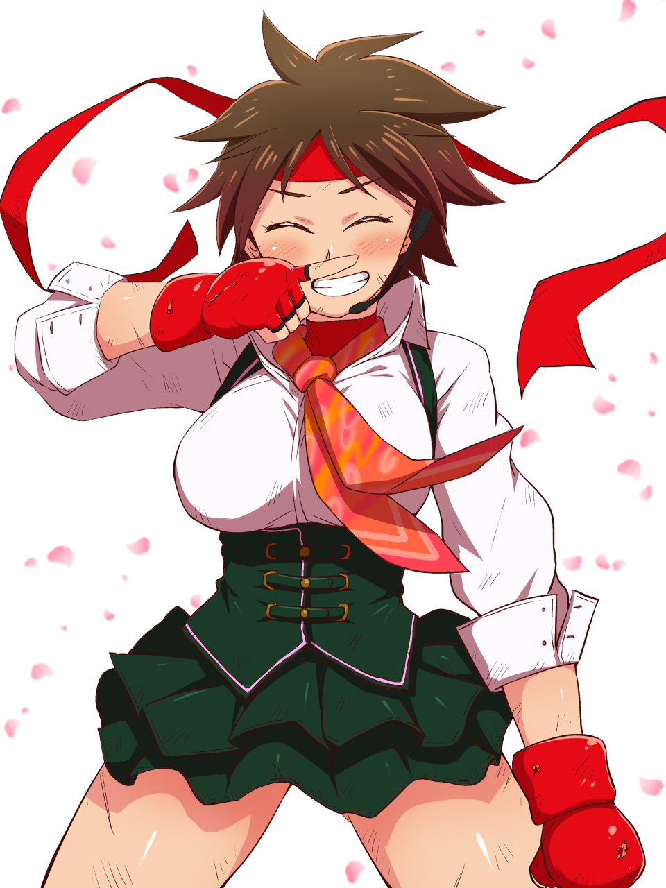 1girl, brown_hair, closed_eyes, finger_to_nose, fingerless_gloves, gloves, headband, highres