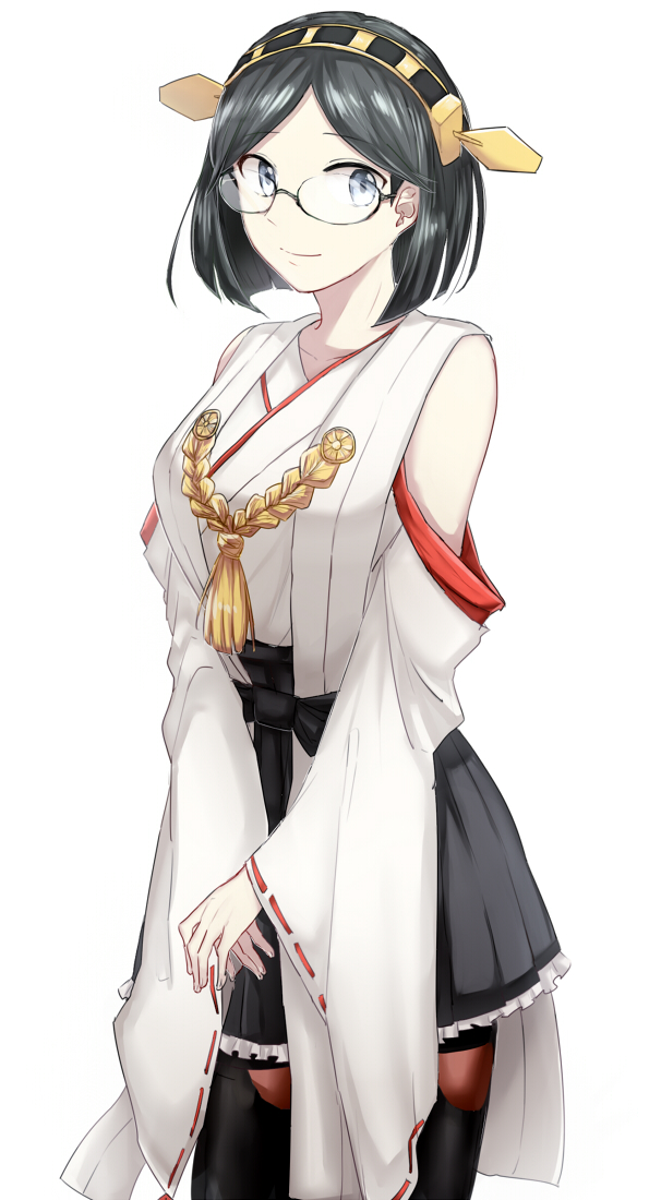 1girl, bare_shoulders, black_eyes, black_hair, detached_sleeves, kantai_collection, kirishima_(kantai_collection), nontraditional_miko