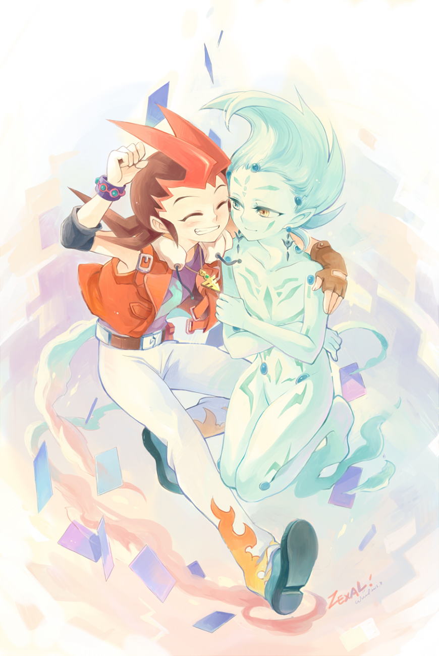 2boys, astral_(yuu-gi-ou_zexal), black_hair, closed_eyes, heterochromia, highres, male_focus, multicolored_hair