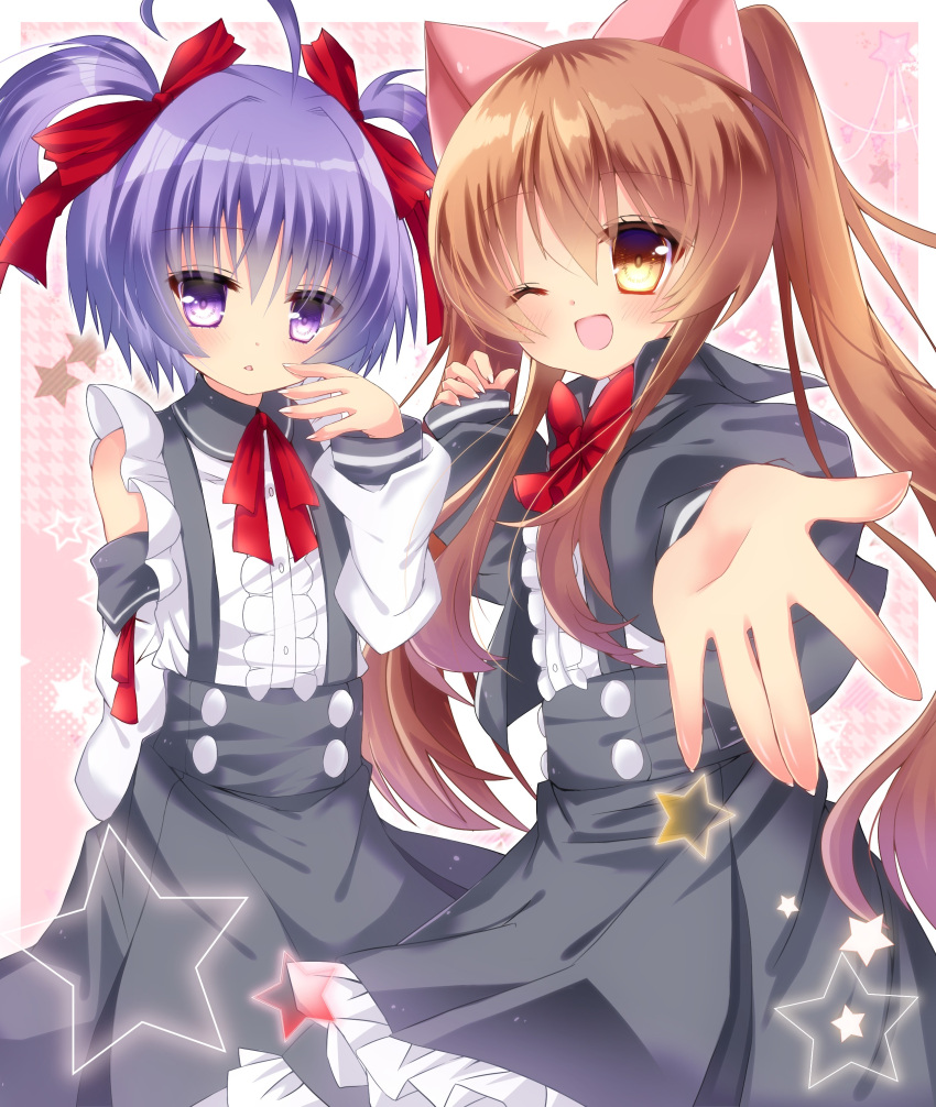 2girls, :<, ;d, absurdres, ahoge, aloe_(quiz_magic_academy), animal_ears, bangs, black_jacket, blush, bow, bowtie, brown_hair, cat_ears, center_frills, commentary_request, detached_sleeves, eyebrows_visible_through_hair, fingernails, frilled_skirt, frills, funakoshi, grey_skirt, hair_between_eyes, hair_bow, head_tilt, high-waist_skirt, highres, jacket, long_hair, long_sleeves, looking_at_viewer, multiple_girls, myu_(quiz_magic_academy), one_eye_closed, open_clothes, open_jacket, open_mouth, outstretched_arm, parted_lips, puffy_long_sleeves, puffy_sleeves, purple_hair, quiz_magic_academy, red_bow, red_neckwear, shirt, short_hair, skirt, smile, star, suspender_skirt, suspenders, triangle_mouth, twintails, very_long_hair, violet_eyes, white_shirt
