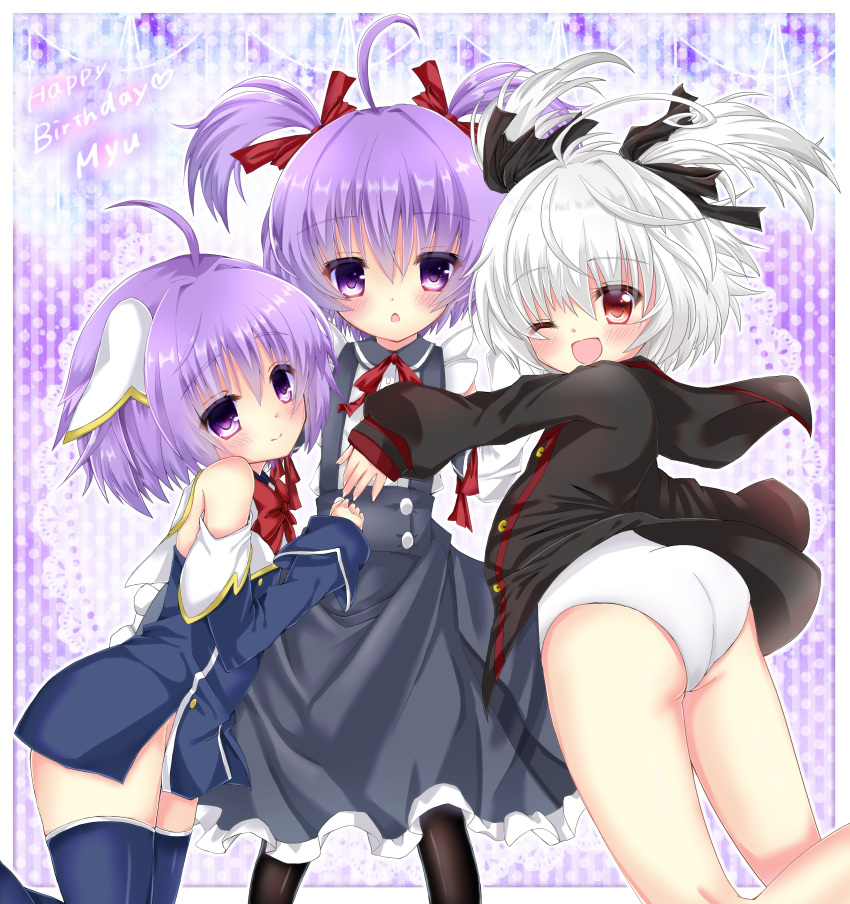 3girls, ;d, absurdres, ahoge, ass, bangs, bare_shoulders, black_jacket