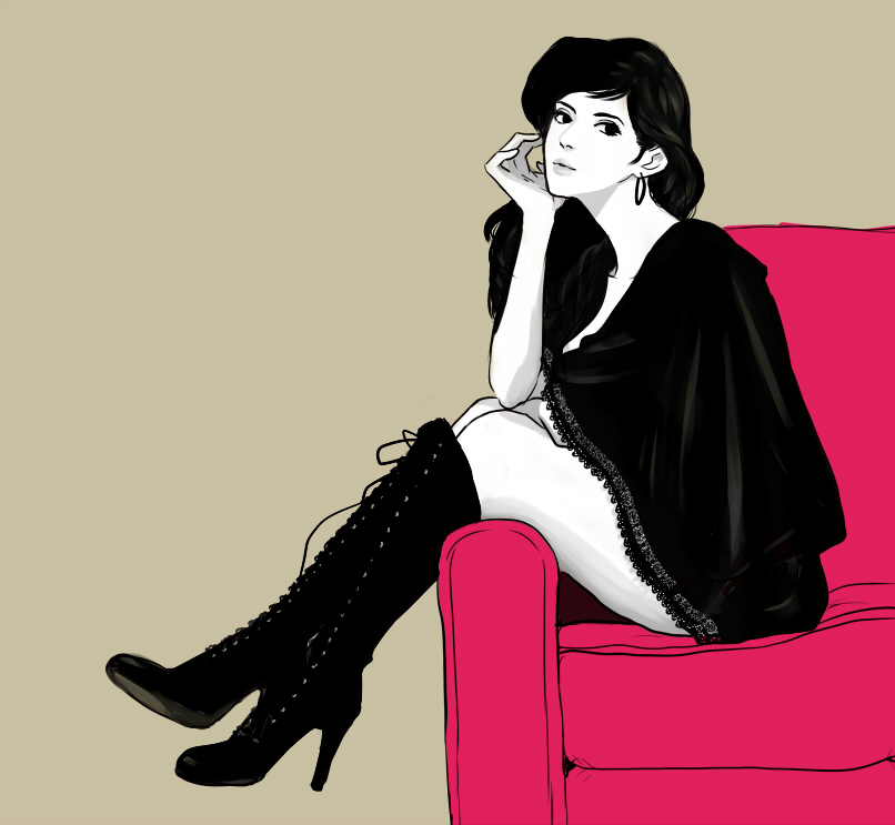 1girl, black_hair, boots, chair, character_request, earrings, jewelry, knee_boots