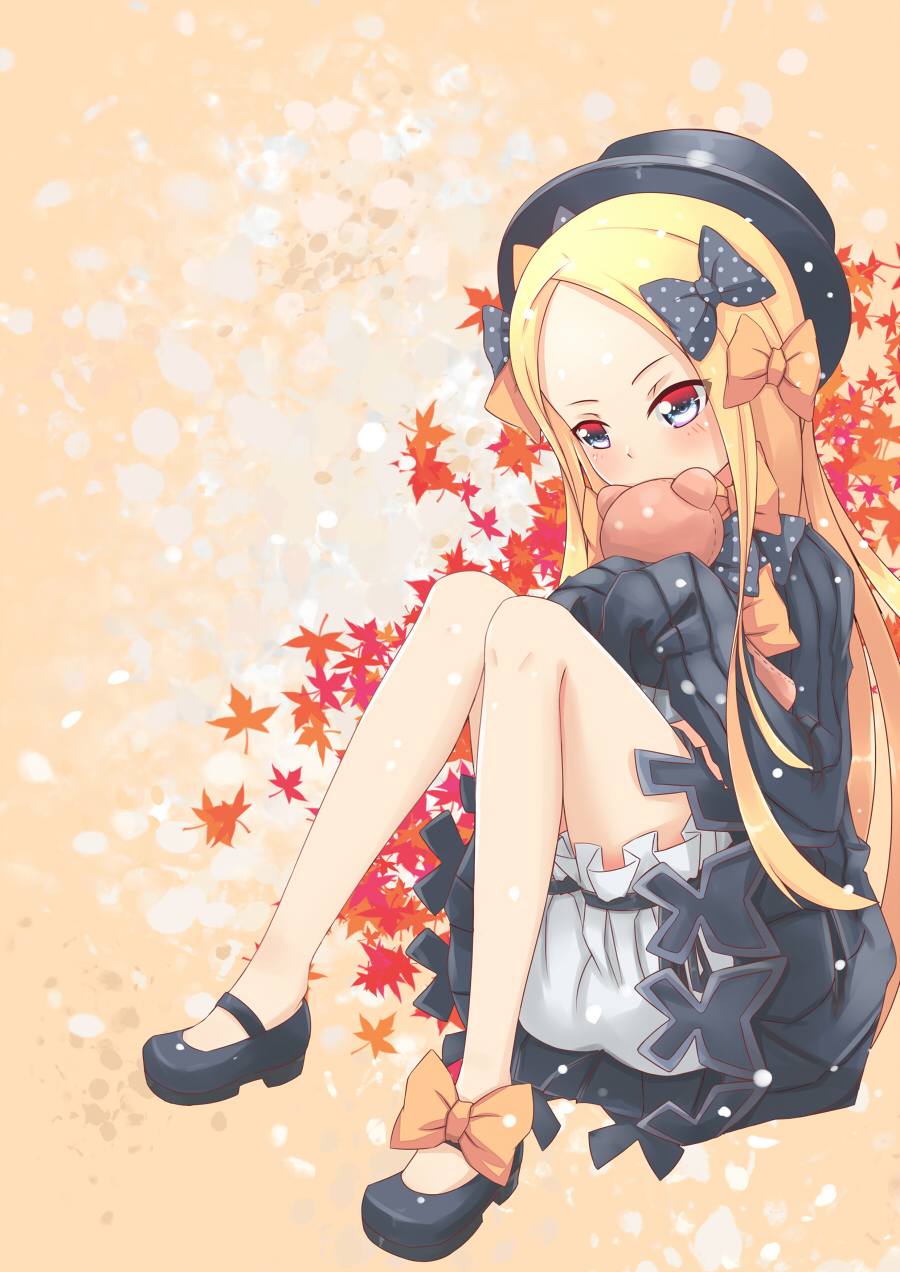 1girl, abigail_williams_(fate/grand_order), aiee, autumn_leaves, bangs, black_bow, black_dress, black_footwear