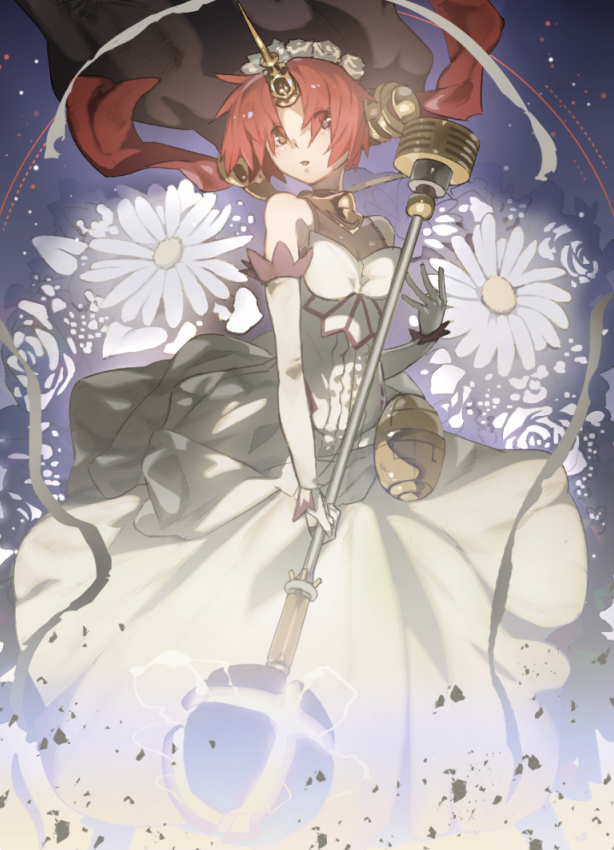 1girl, bare_shoulders, berserker_of_black, breasts, dress, elbow_gloves, eyes_visible_through_hair, fate/apocrypha