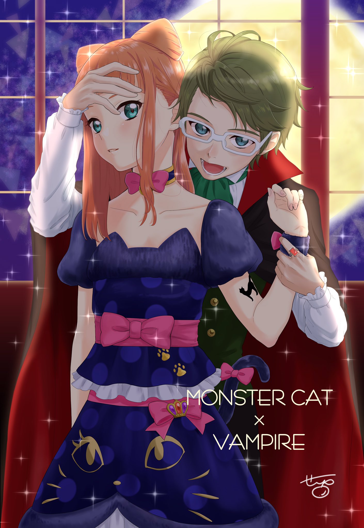 1boy, 1girl, aikatsu!, aikatsu_stars!, bell, blush, bow, cape, choker, dress, fang, full_body, green_eyes, hair_bow, highres, jingle_bell, kira_kanata, long_hair, looking_at_viewer, open_mouth, orange_hair, saotome_ako, signature, vampire, white-framed_eyewear, window