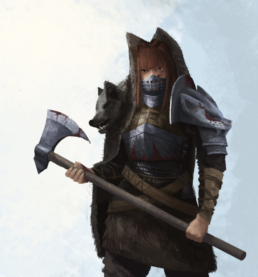 1girl, absurdres, animal_ears, animal_skin, arm_guards, armor, artist_request, axe