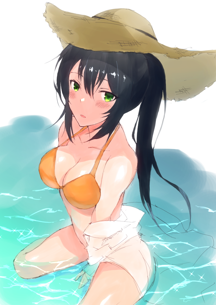 bikini, black_hair, green_eyes, iida_kotori, long_hair