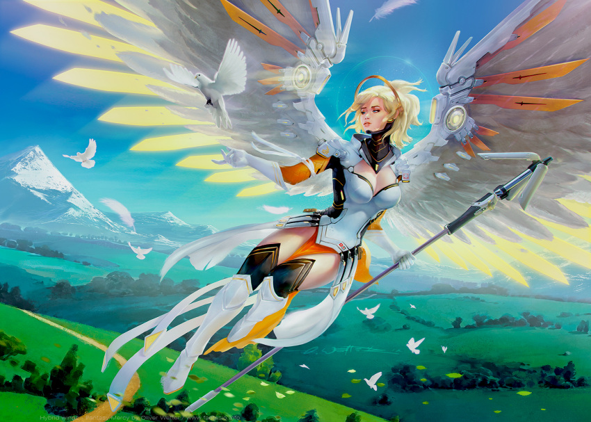 1girl, adapted_costume, alternate_wings, angel_wings, artist_name, bird, blonde_hair, blue_eyes