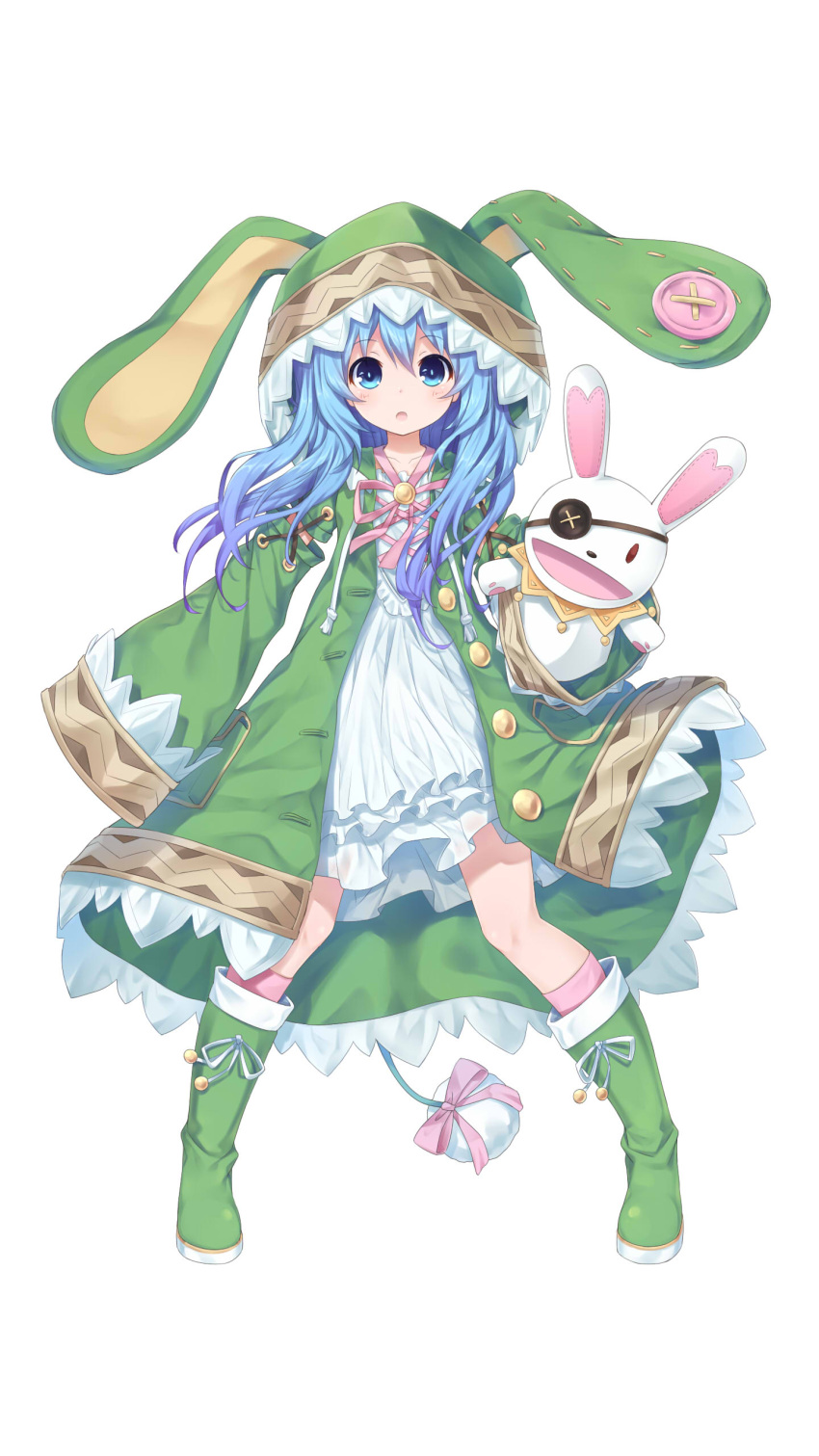 1girl, absurdres, animal_ears, animal_hood, blue_eyes, blue_hair, bunny_hood, curly_hair