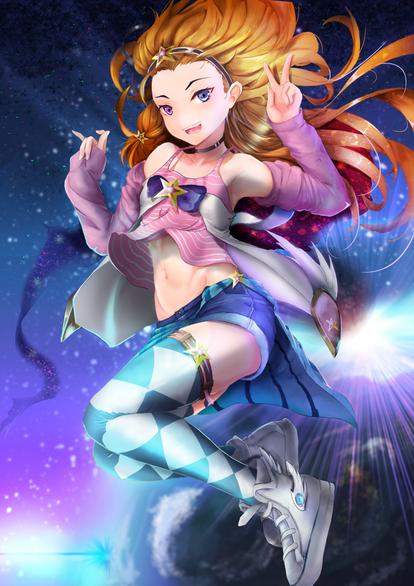 1girl, absurdres, alternate_costume, armpits, blue_eyes, braid, choker, denim, denim_shorts, detached_sleeves, flat_chest, full_body, hairband, heterochromia, highres, league_of_legends, long_hair, long_sleeves, mattbam, midriff, multicolored_hair, navel, open_mouth, shorts, smile, solo, stomach, tank_top, thigh-highs, two-tone_hair, v, very_long_hair, violet_eyes, zoe_(league_of_legends)