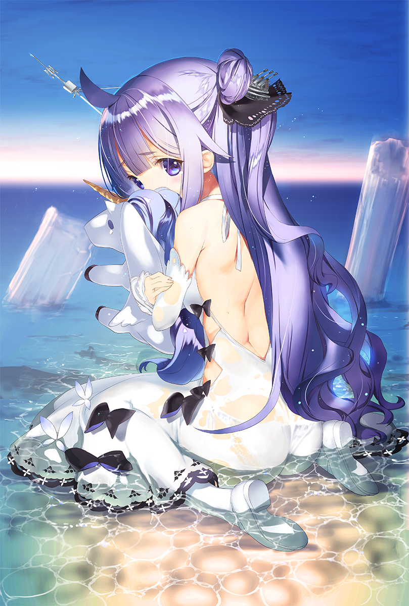 1girl, ahoge, azur_lane, bare_back, clouds, cloudy_sky, commentary_request, detached_sleeves
