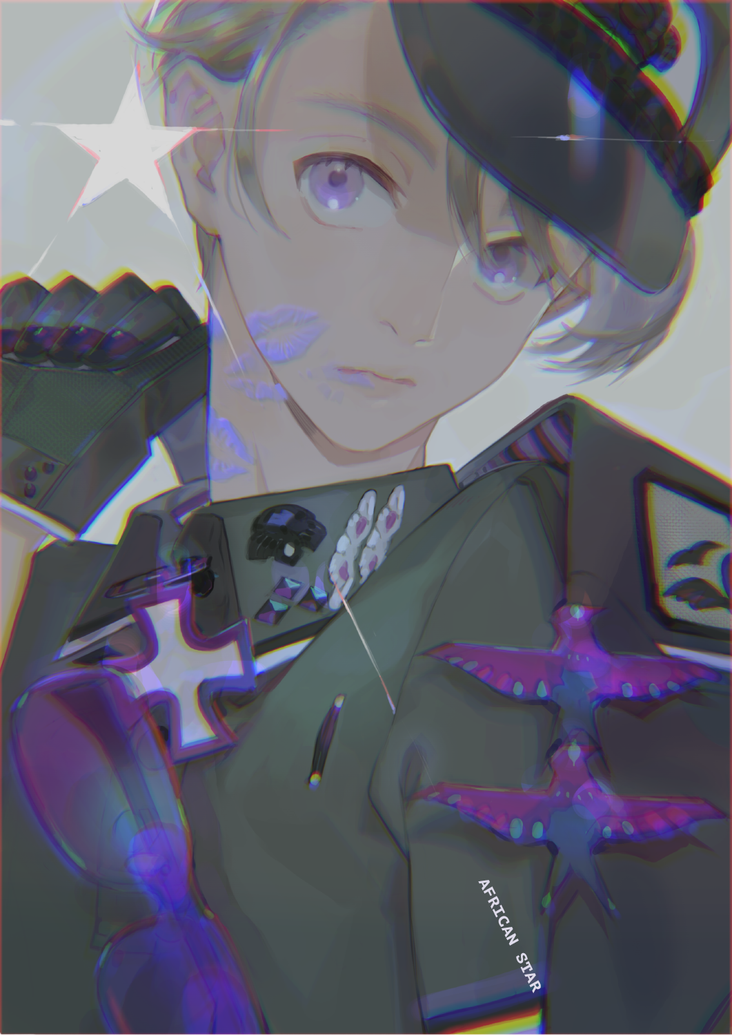 1boy, balkenkreuz, bangs, close-up, collared_shirt, cross, gloves, hat