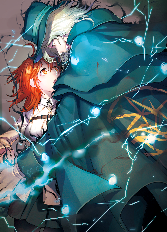 1boy, 1girl, :o, ahoge, amg_(nwmnmllf), black_legwear, blue_cape, blue_hat