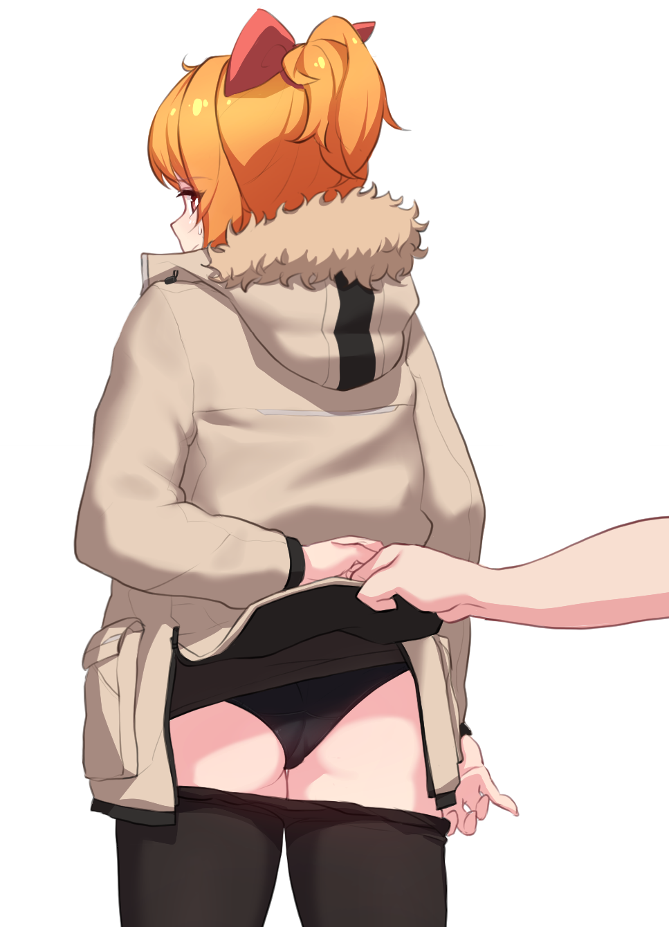 1girl, ass, black_legwear, black_panties, bow, down_jacket, hands, highres