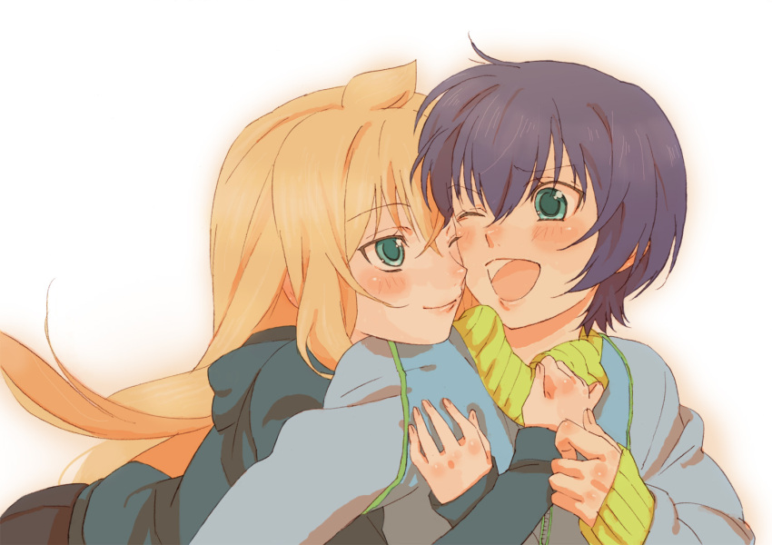 ahoge, androgynous, azmr, bad_id, blue_hair, brown_hair, green_eyes, hug, long_hair, minami-ke, minami_chiaki, minami_touma, multiple_girls, reverse_trap, short_hair, smile, tan_tan_tanuki, wince, wink, yuri