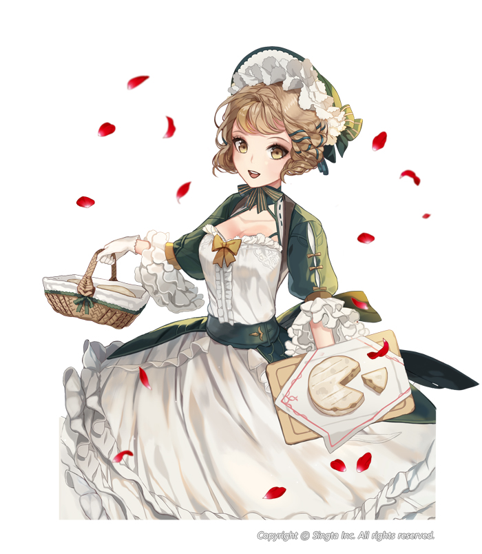 1girl, :d, basket, bonnet, braid, breasts, brown_hair, cheese_wheel