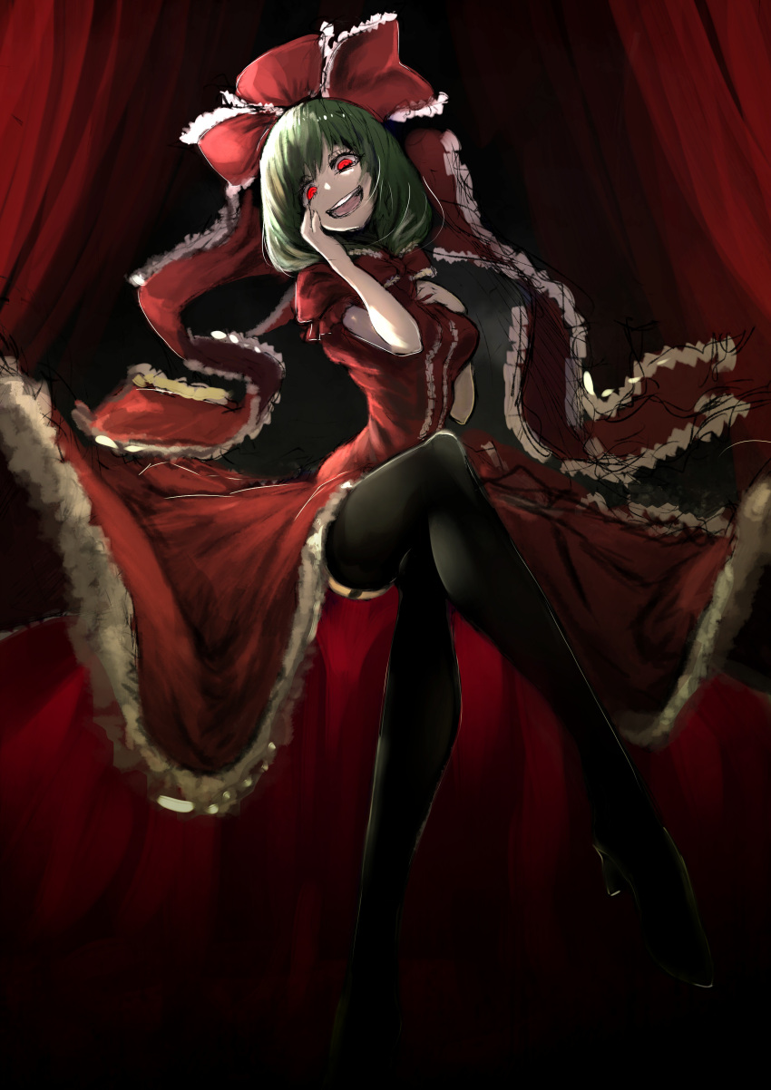 1girl, :d, absurdres, black_legwear, bow, crazy_eyes, crazy_smile, dress, frilled_sleeves, frills, front_ponytail, full_body, garter_straps, green_hair, hair_bow, hair_ribbon, hand_on_own_cheek, hand_on_own_chest, hands_up, head_tilt, highres, kagiyama_hina, knee_up, legs, long_dress, long_hair, looking_at_viewer, open_mouth, red_bow, red_dress, red_eyes, ribbon, ringed_eyes, short_sleeves, sitting, smile, solo, thigh-highs, touhou, watchi