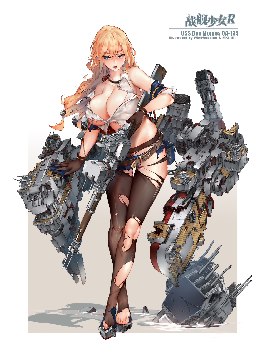 1girl, belt, black_legwear, blonde_hair, blue_eyes, boots, breasts, cannon, damaged, des_moines_(zhan_jian_shao_nyu), gun, highres, holding, holding_gun, holding_weapon, large_breasts, long_hair, machinery, official_art, pantyhose, solo, torn_clothes, torn_pantyhose, turret, weapon, windforcelan, zhan_jian_shao_nyu