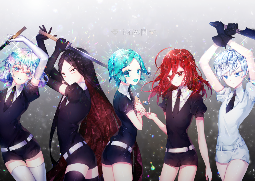 androgynous, antarcticite, ass, belt, black_eyes, black_gloves, black_hair, black_legwear, black_neckwear, black_shorts, blue_eyes, bort, collared_shirt, diamond_(houseki_no_kuni), elbow_gloves, gloves, gradient, gradient_background, green_eyes, green_hair, holding, holding_sword, holding_weapon, houseki_no_kuni, long_hair, looking_at_viewer, medium_hair, multicolored, multicolored_eyes, multicolored_hair, necktie, phosphophyllite, red_eyes, redhead, shina_(sbk951121), shinsha_(houseki_no_kuni), shiny, shiny_hair, shirt, short_hair, short_sleeves, shorts, simple_background, sparkle, sword, thigh-highs, uniform, weapon, white_belt, white_gloves, white_hair, white_legwear, white_shirt, white_shorts