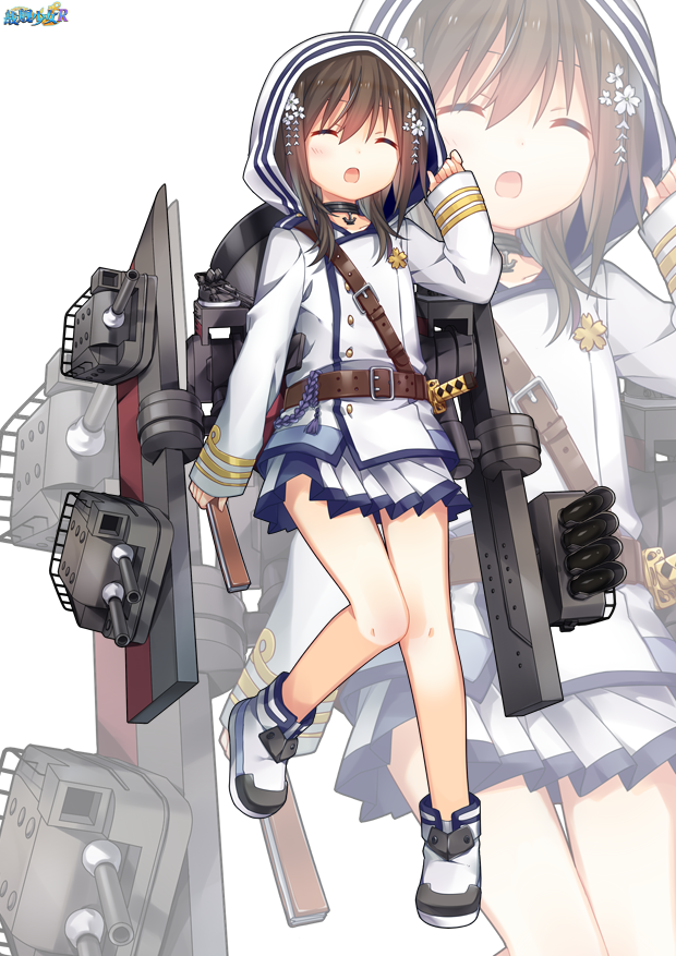 1girl, belt, brown_hair, cannon, closed_eyes, fan, flower, hair_flower, hair_ornament, holding, holding_fan, hood, jacket, jiang-ge, long_sleeves, machinery, miniskirt, open_mouth, shigure_(zhan_jian_shao_nyu), skirt, solo, torpedo, torpedo_tubes, turret, white_footwear, white_jacket, white_skirt, zhan_jian_shao_nyu