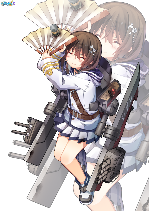 1girl, belt, brown_hair, cannon, closed_eyes, damaged, fan, fire, flower, hair_flower, hair_ornament, holding, holding_fan, hood, jacket, jiang-ge, long_sleeves, machinery, miniskirt, open_mouth, shell, shigure_(zhan_jian_shao_nyu), skirt, solo, torpedo, torpedo_tubes, turret, white_footwear, white_jacket, white_skirt, zhan_jian_shao_nyu