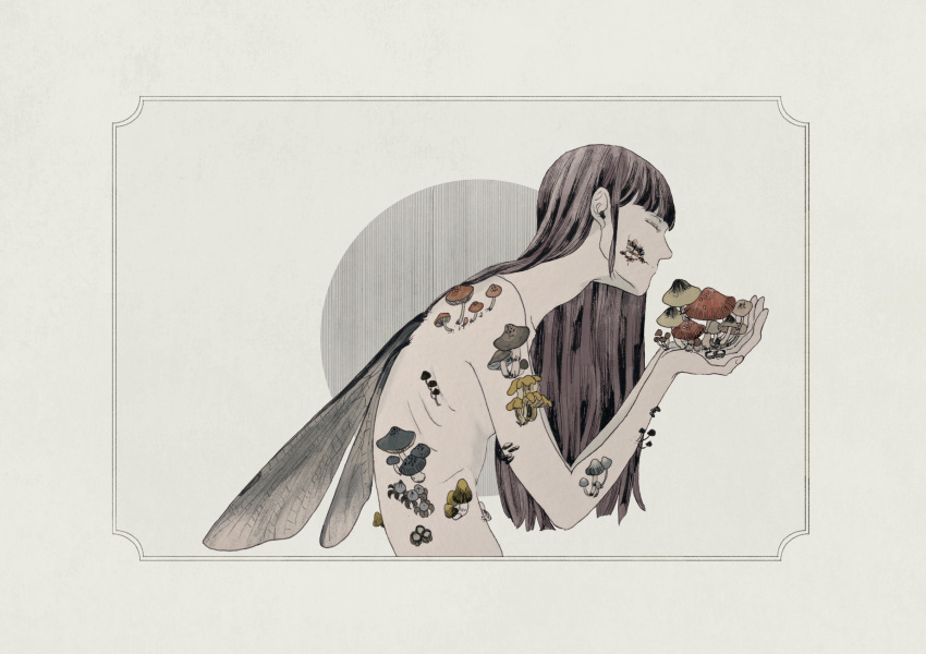 1girl, black_hair, closed_eyes, cochlea1313, grey_background, highres, insect_girl, insect_wings