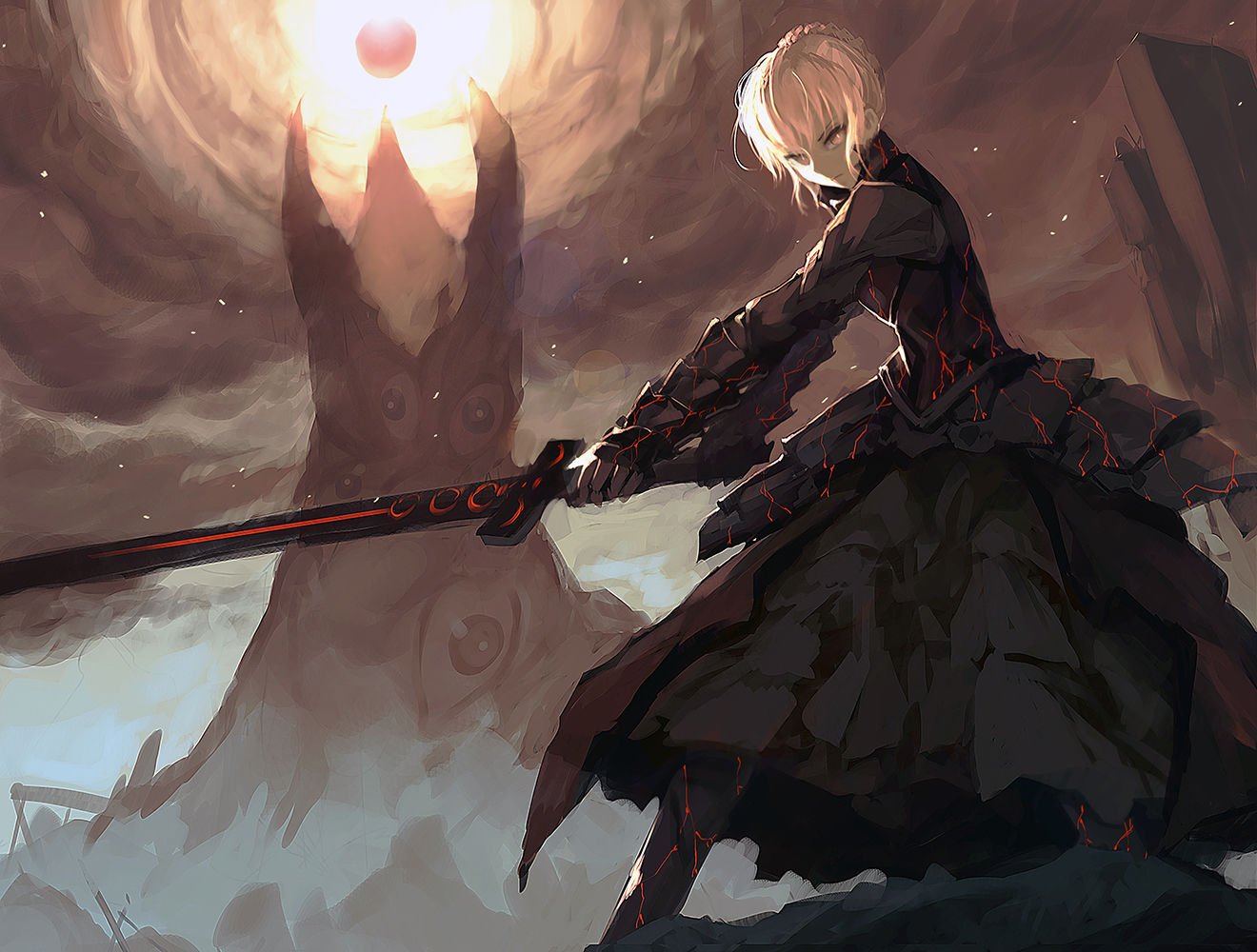 1girl, armor, armored_dress, artoria_pendragon_(all), bangs, black_dress, blonde_hair, breastplate, bright_pupils, closed_mouth, commentary_request, dark_excalibur, dress, fate/stay_night, fate_(series), faulds, fighting_stance, greaves, holding, holding_sword, holding_weapon, holy_grail, looking_at_viewer, plate_armor, saber_alter, short_hair, solo, spaulders, spoilers, standing, sword, towe, two-handed, weapon, yellow_eyes, zen_o
