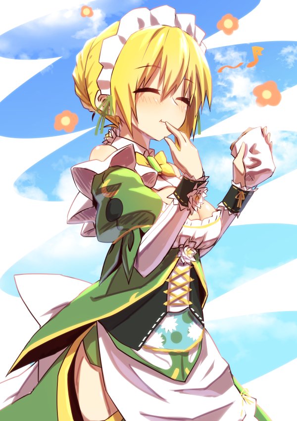 1girl, blonde_hair, blush, braid, breasts, cleavage, closed_eyes, eating, flower, flower_knight_girl, mizunashi_(second_run), short_hair, smile, solo, suiren_(flower_knight_girl)