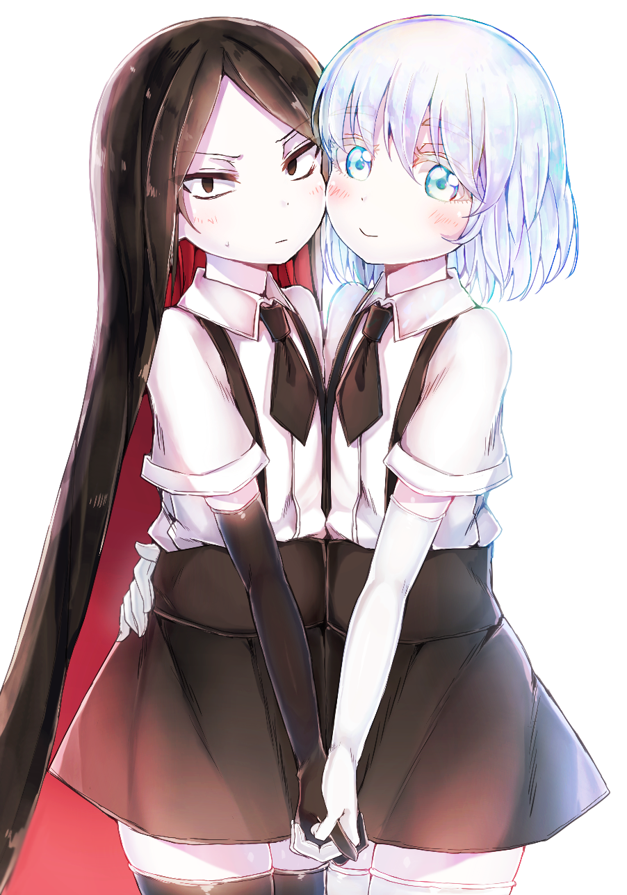 androgynous, black_eyes, black_gloves, black_hair, black_legwear, black_neckwear, black_shorts, blush, bort, collared_shirt, diamond_(houseki_no_kuni), elbow_gloves, gloves, hand_holding, highres, houseki_no_kuni, long_hair, looking_at_viewer, multicolored, multicolored_eyes, multicolored_hair, necktie, re-ka, shirt, short_hair, short_sleeves, shorts, simple_background, smile, thigh-highs, uniform, white_background, white_gloves, white_legwear, white_shirt