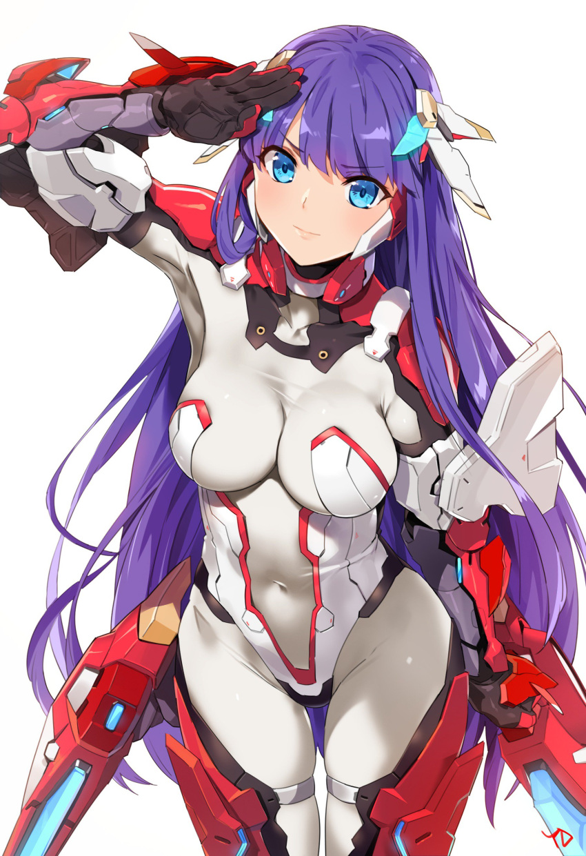 1girl, absurdres, adapted_costume, aerial_drive, bangs, blue_eyes, blunt_bangs, bodysuit, breasts, commentary_request, covered_navel, earrings, fate/grand_order, fate_(series), gloves, headgear, highres, hips, jewelry, large_breasts, long_hair, looking_at_viewer, mecha_musume, purple_hair, saint_martha, salute, signature, simple_background, solo, thighs, white_background, white_bodysuit, yang-do