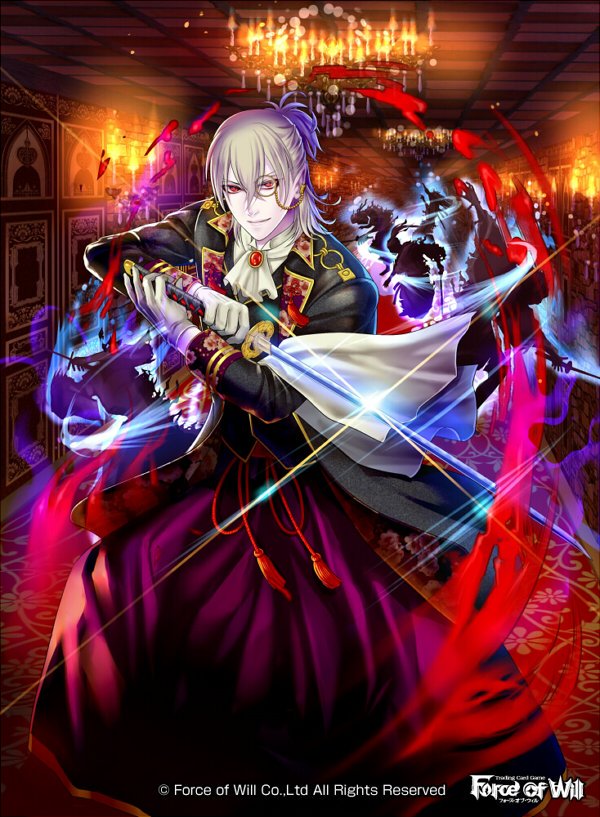 1boy, blood, candle, copyright_name, force_of_will, gloves, japanese_clothes, katana