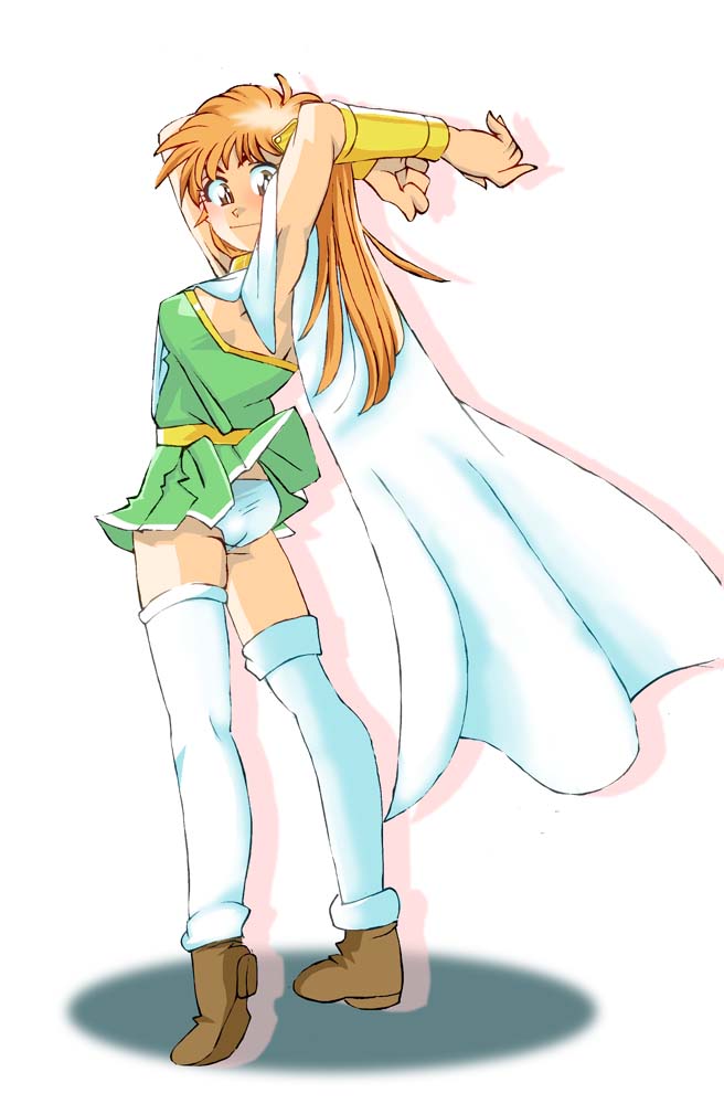1girl, breasts, commentary_request, dragon_quest_dai_no_daibouken, onnaski, orange_hair, panties, pantyshot, sideboob, solo, underwear