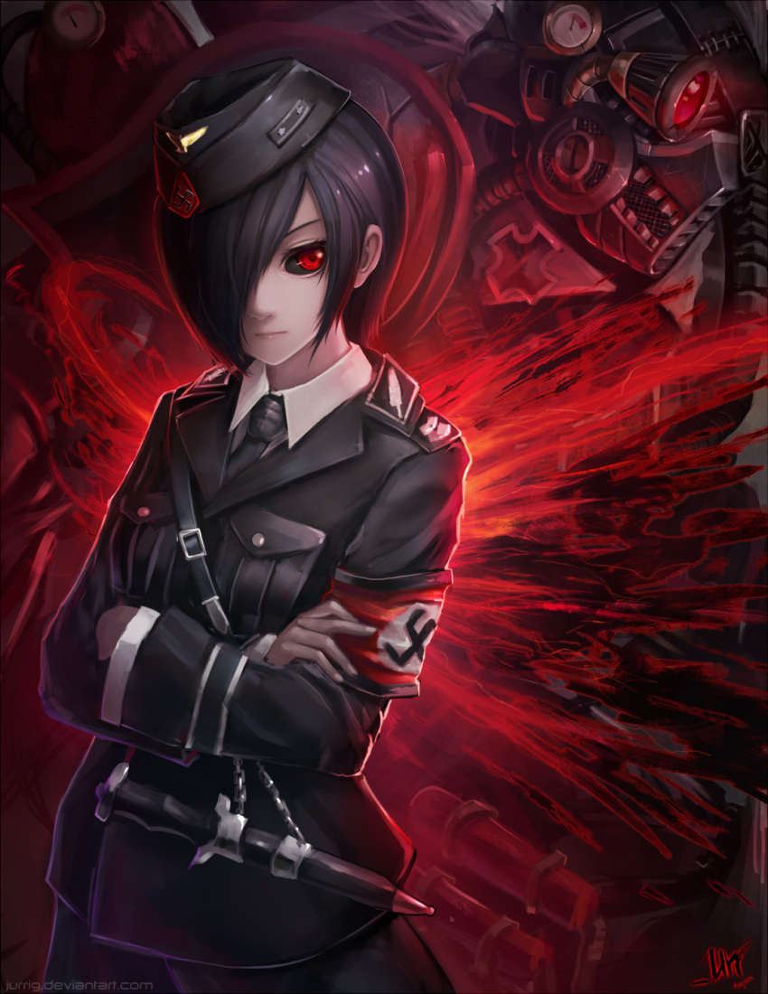 1girl, armband, black_hair, black_sclera, closed_mouth, commentary_request, crossed_arms, dagger